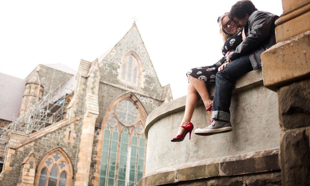 couple's portrait near church in newfoundland